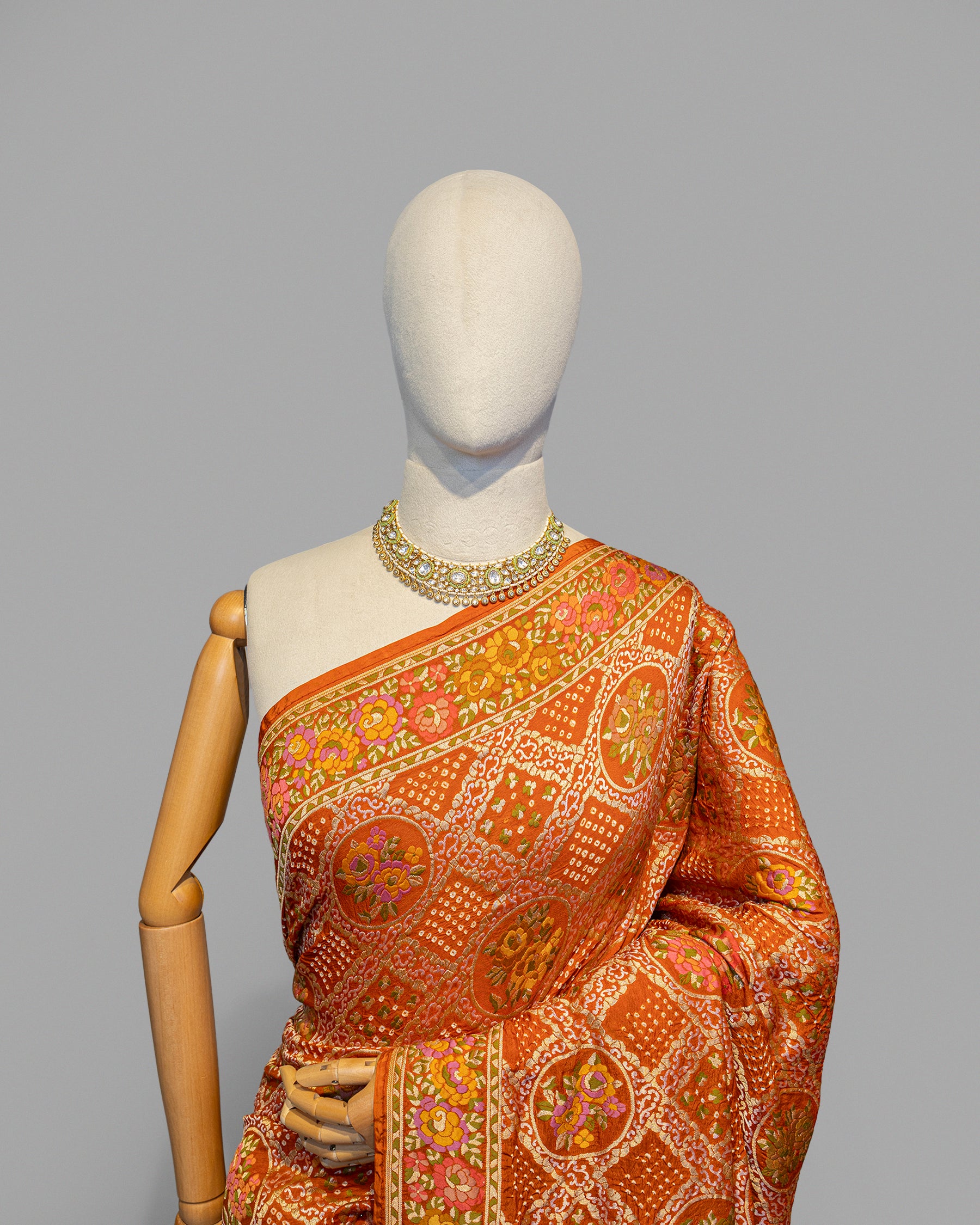BURNT ORANGE BANARASI ZARI BANDHEJ MEENAKARI SILK SAREE