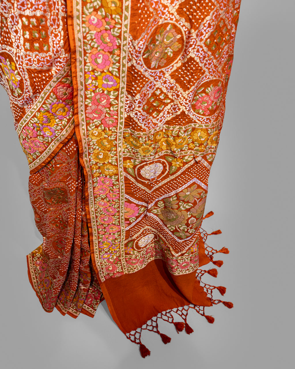 BURNT ORANGE BANARASI ZARI BANDHEJ MEENAKARI SILK SAREE