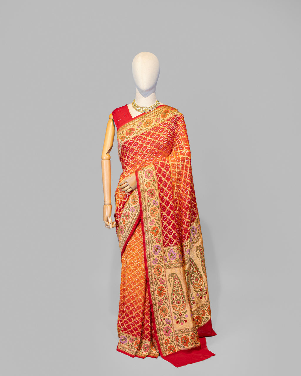 RED ORANGE TINCHOI MEENAKARI BANDHEJ BANARASI HANDWOVEN GEORGETTE  SAREE