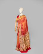 RED ORANGE TINCHOI MEENAKARI BANDHEJ BANARASI HANDWOVEN GEORGETTE  SAREE