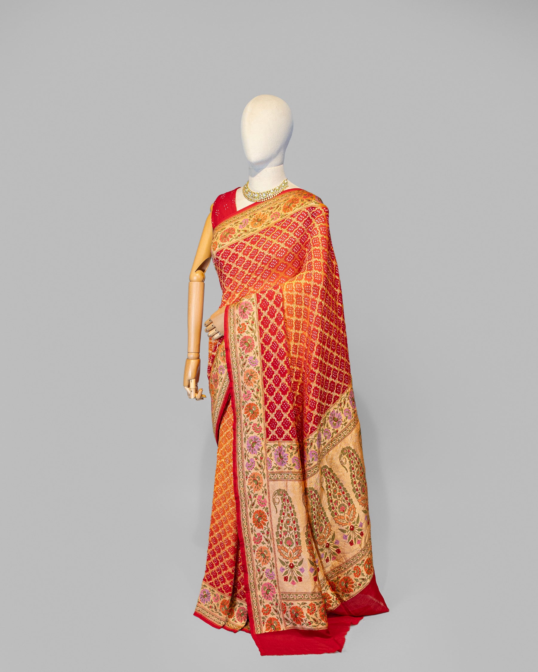 RED ORANGE TINCHOI MEENAKARI BANDHEJ BANARASI HANDWOVEN GEORGETTE  SAREE