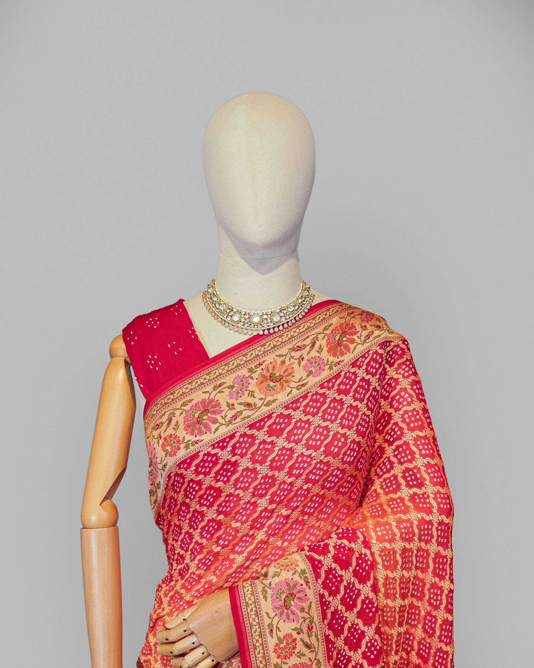 RED ORANGE TINCHOI MEENAKARI BANDHEJ BANARASI HANDWOVEN GEORGETTE  SAREE