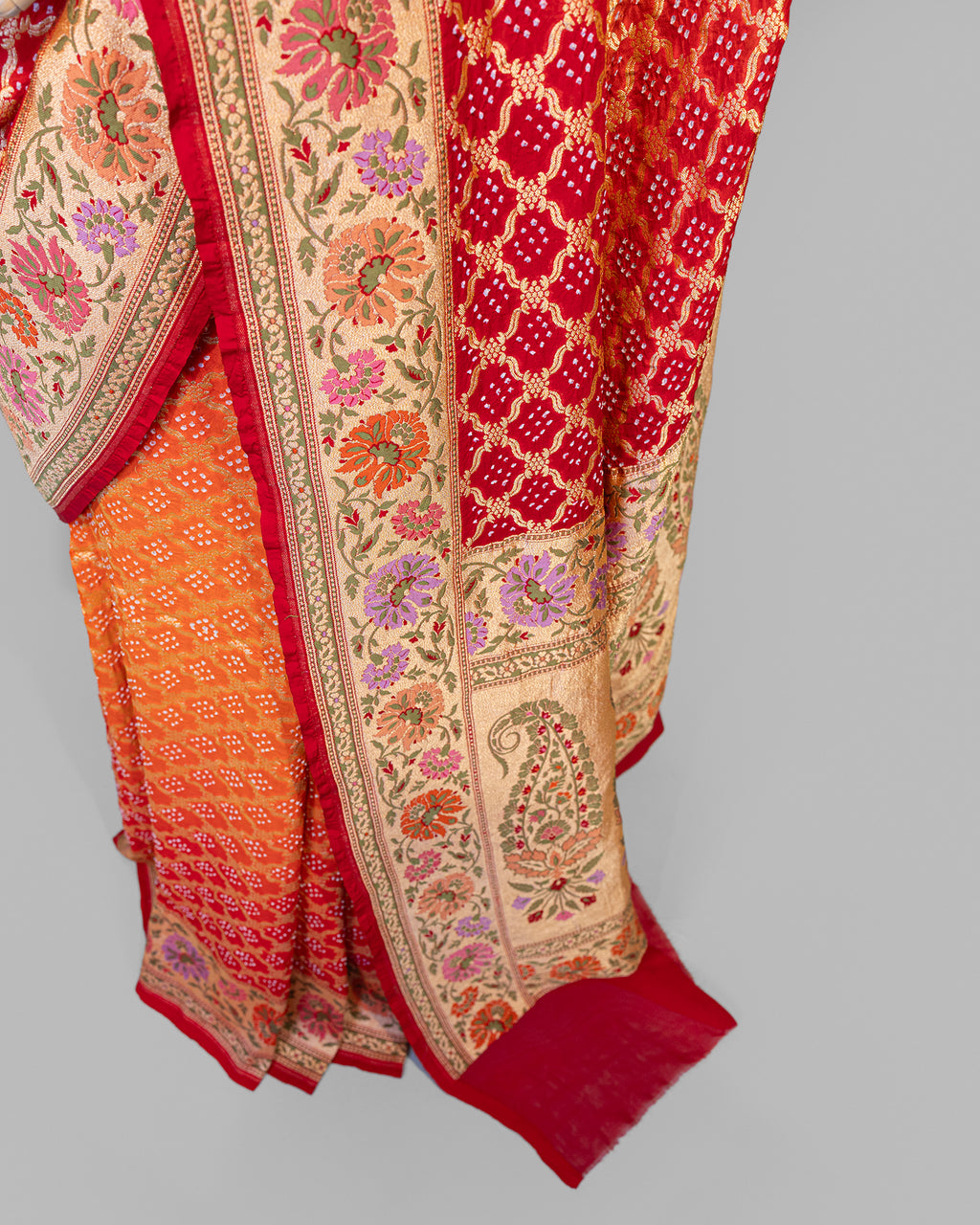RED ORANGE TINCHOI MEENAKARI BANDHEJ BANARASI HANDWOVEN GEORGETTE  SAREE