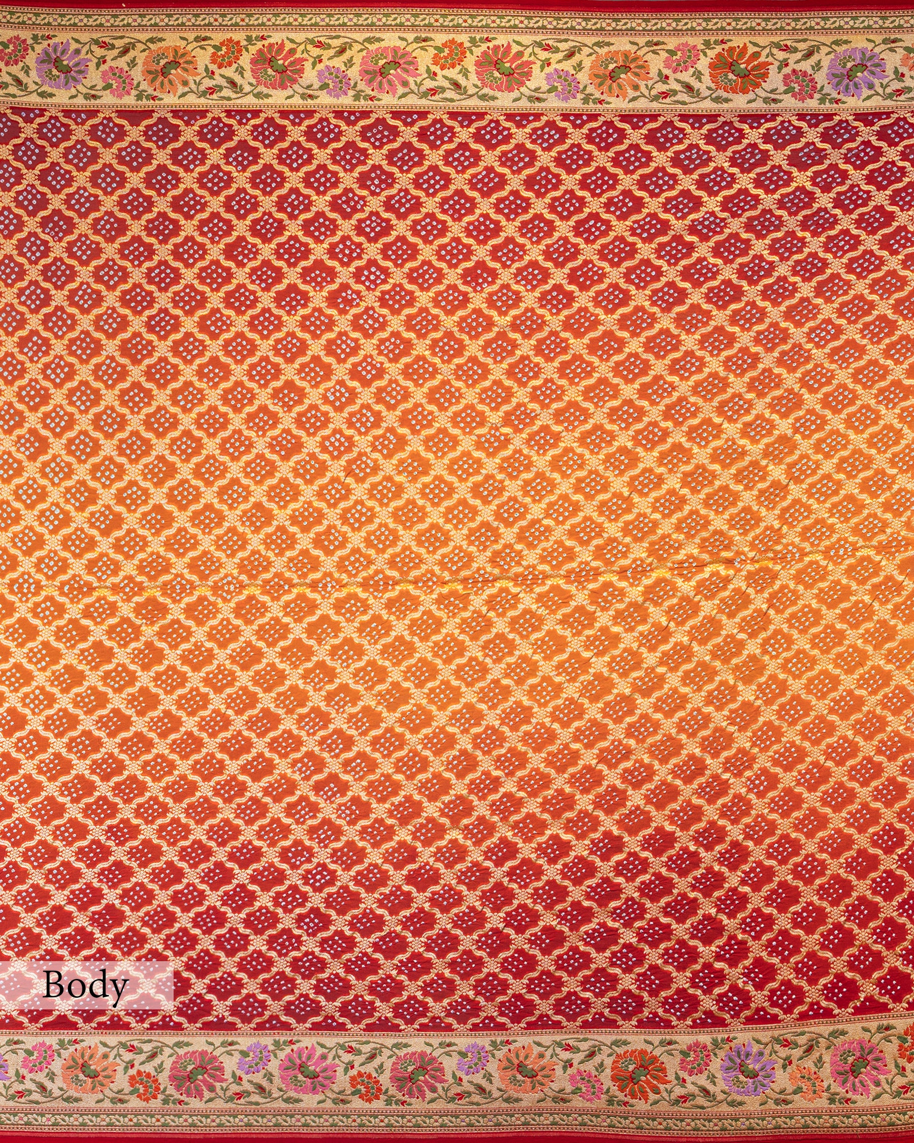 RED ORANGE TINCHOI MEENAKARI BANDHEJ BANARASI HANDWOVEN GEORGETTE  SAREE