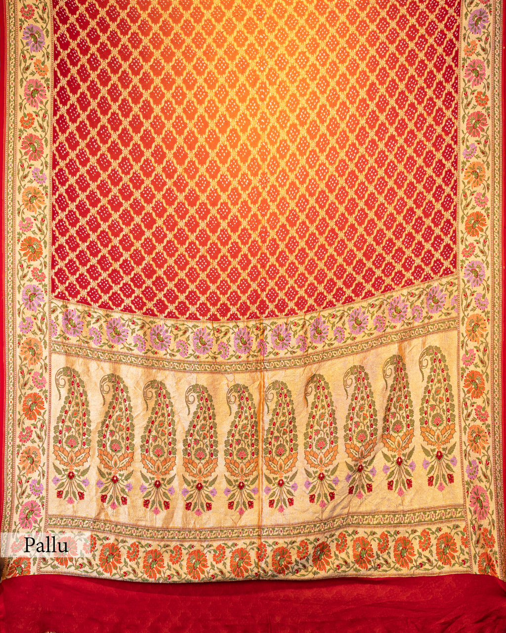 RED ORANGE TINCHOI MEENAKARI BANDHEJ BANARASI HANDWOVEN GEORGETTE  SAREE