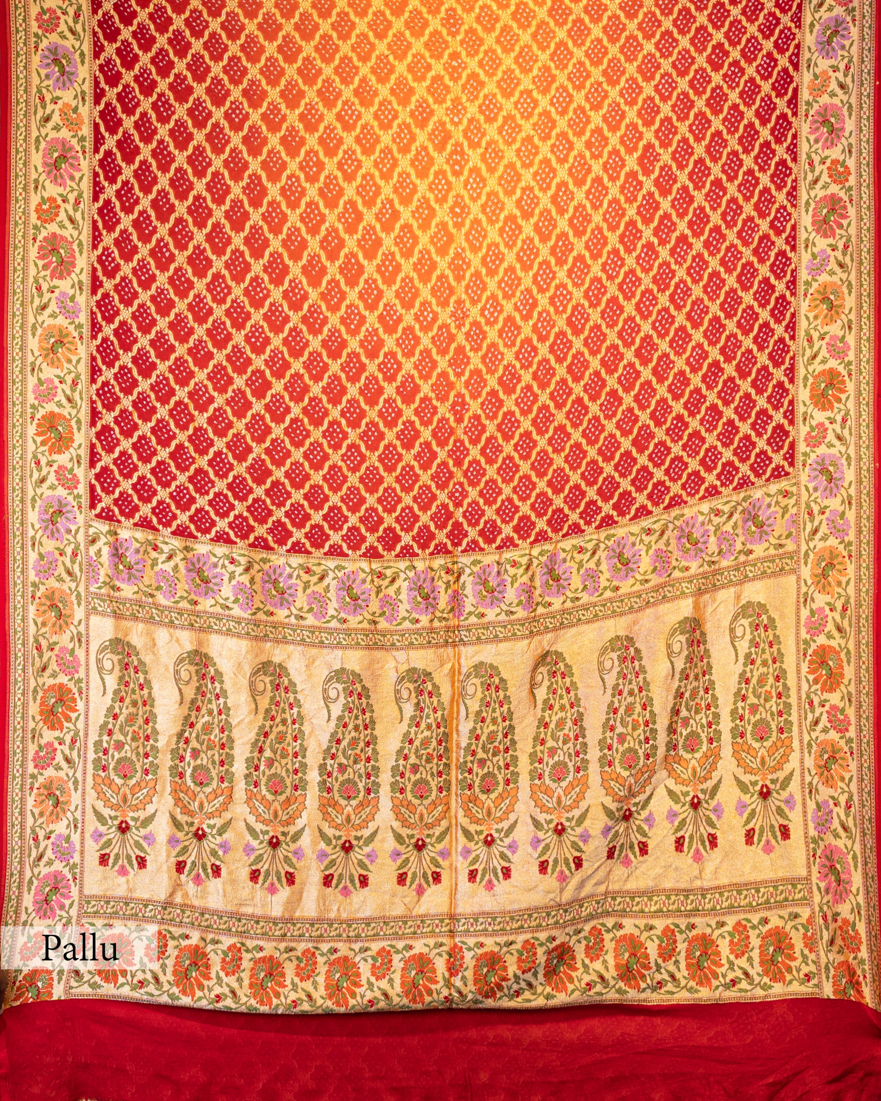 RED ORANGE TINCHOI MEENAKARI BANDHEJ BANARASI HANDWOVEN GEORGETTE  SAREE