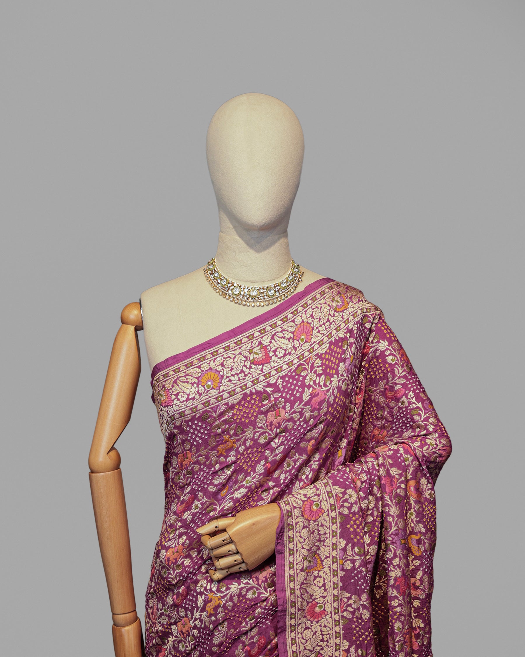 DUSTY MAUVE MEENAKARI BANDHEJ BANARASI HANDWOVEN GEORGETTE SAREE