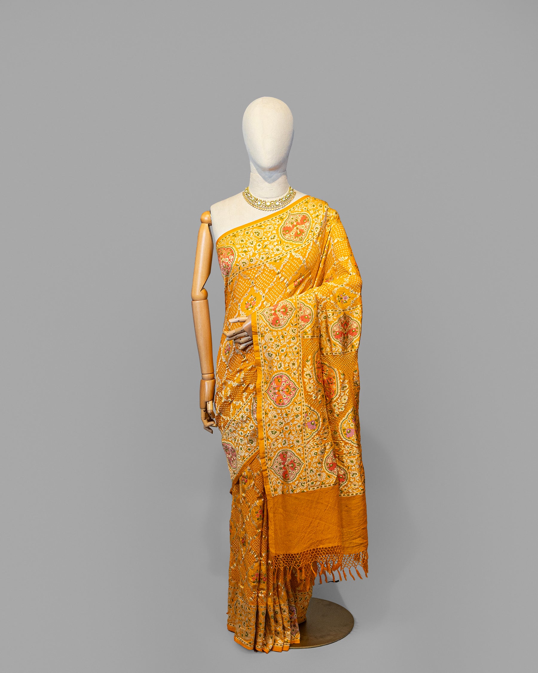 MUSTARD MEENAKARI BANDHEJ BANARASI HANDWOVEN GEORGETTE SAREE