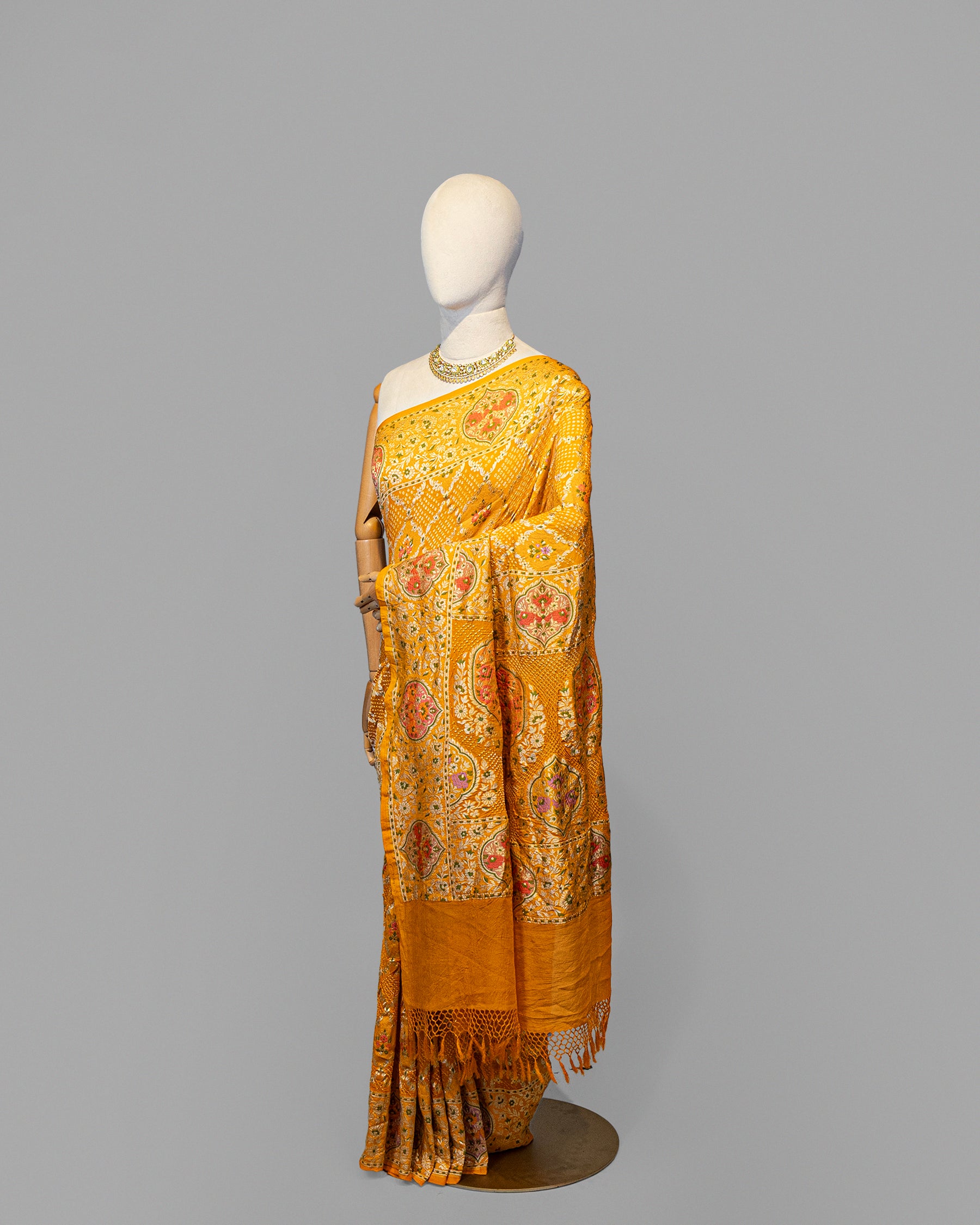 MUSTARD MEENAKARI BANDHEJ BANARASI HANDWOVEN GEORGETTE SAREE