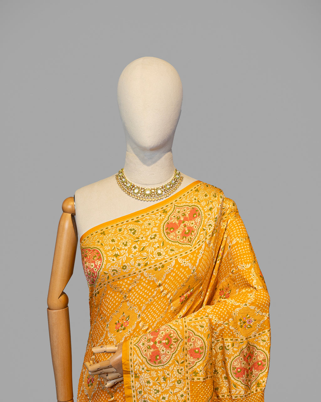 MUSTARD MEENAKARI BANDHEJ BANARASI HANDWOVEN GEORGETTE SAREE