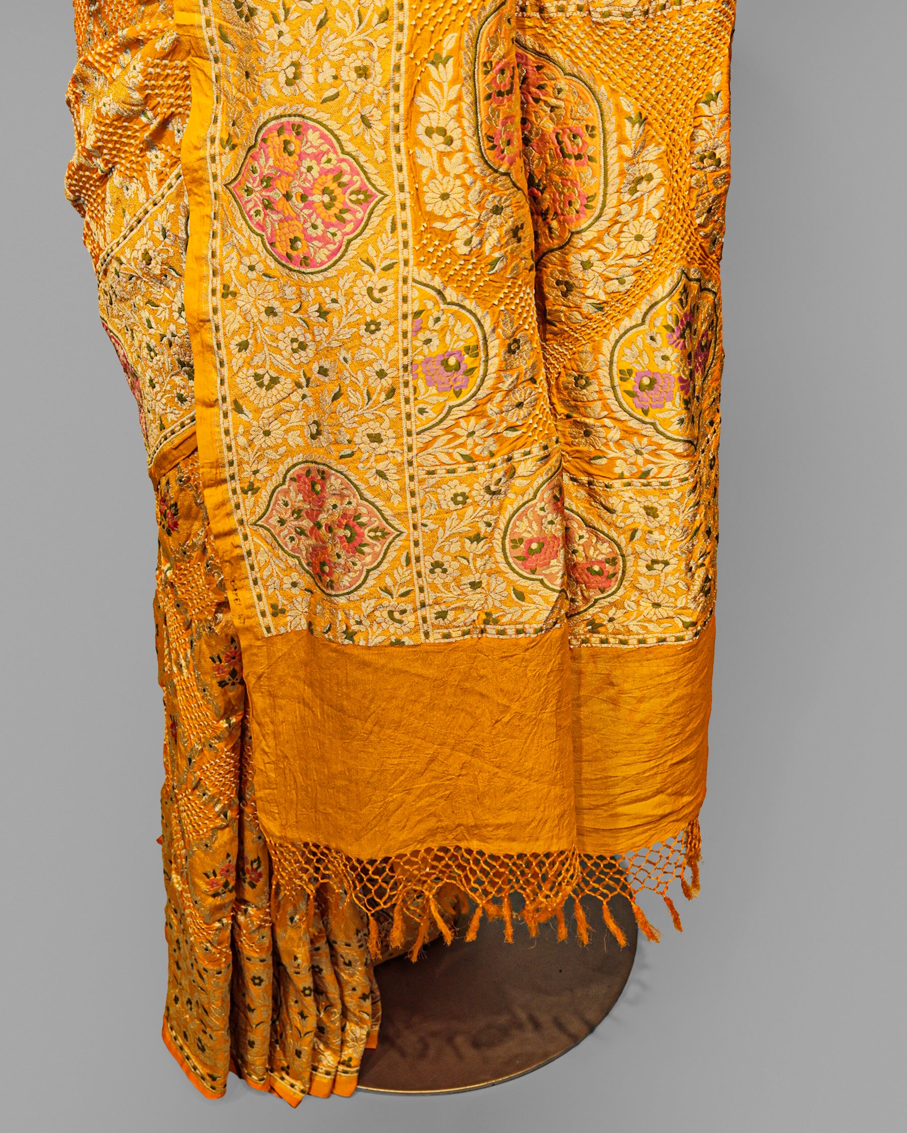 MUSTARD MEENAKARI BANDHEJ BANARASI HANDWOVEN GEORGETTE SAREE