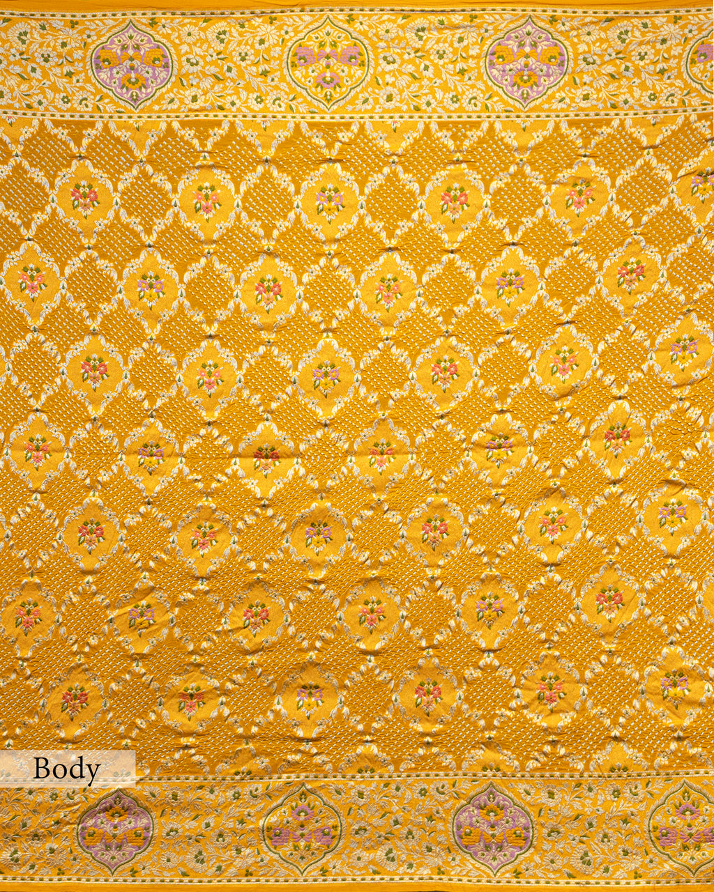 MUSTARD MEENAKARI BANDHEJ BANARASI HANDWOVEN GEORGETTE SAREE