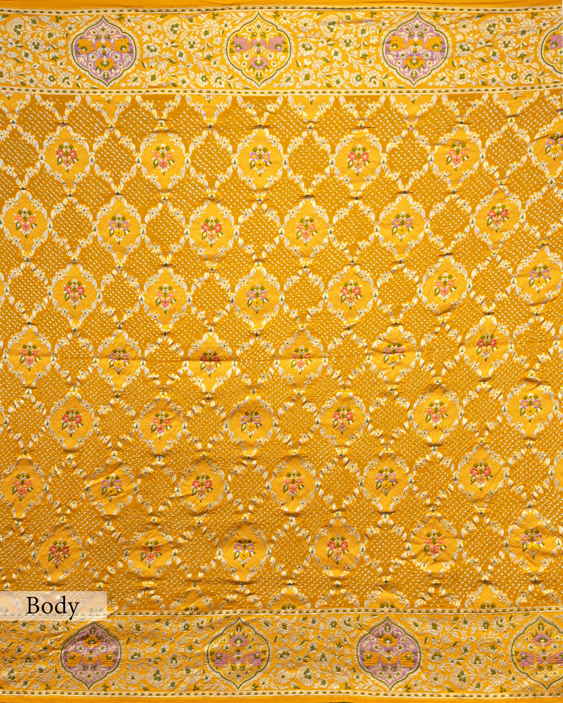 MUSTARD MEENAKARI BANDHEJ BANARASI HANDWOVEN GEORGETTE SAREE