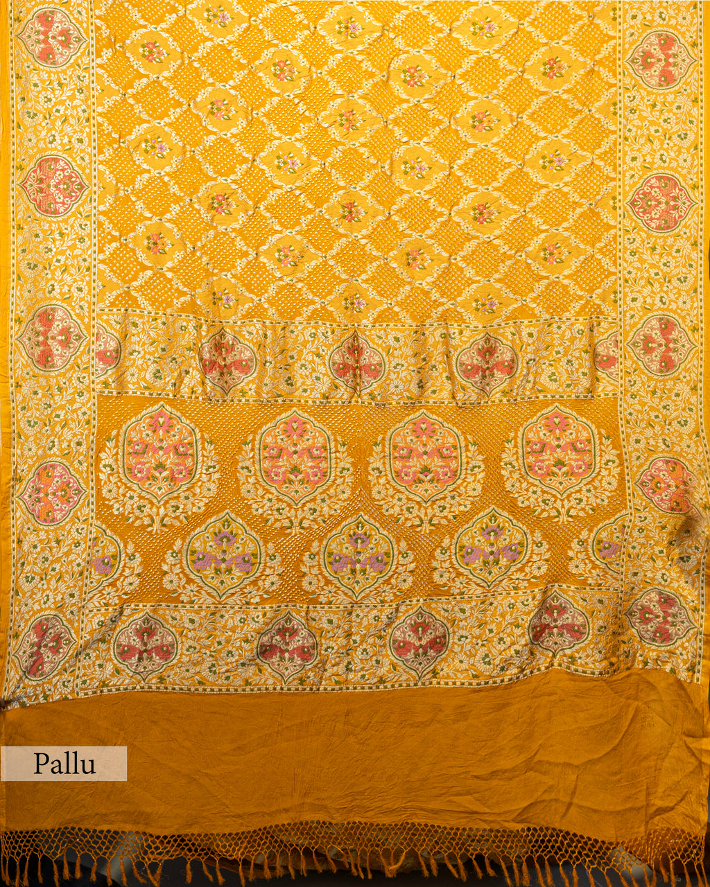 MUSTARD MEENAKARI BANDHEJ BANARASI HANDWOVEN GEORGETTE SAREE