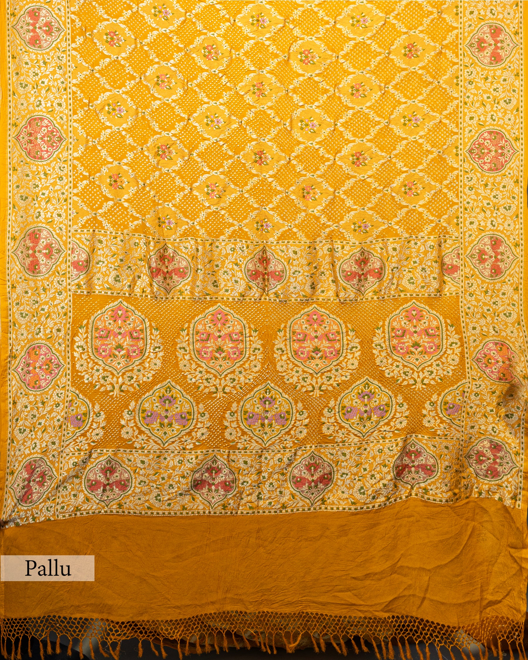 MUSTARD MEENAKARI BANDHEJ BANARASI HANDWOVEN GEORGETTE SAREE