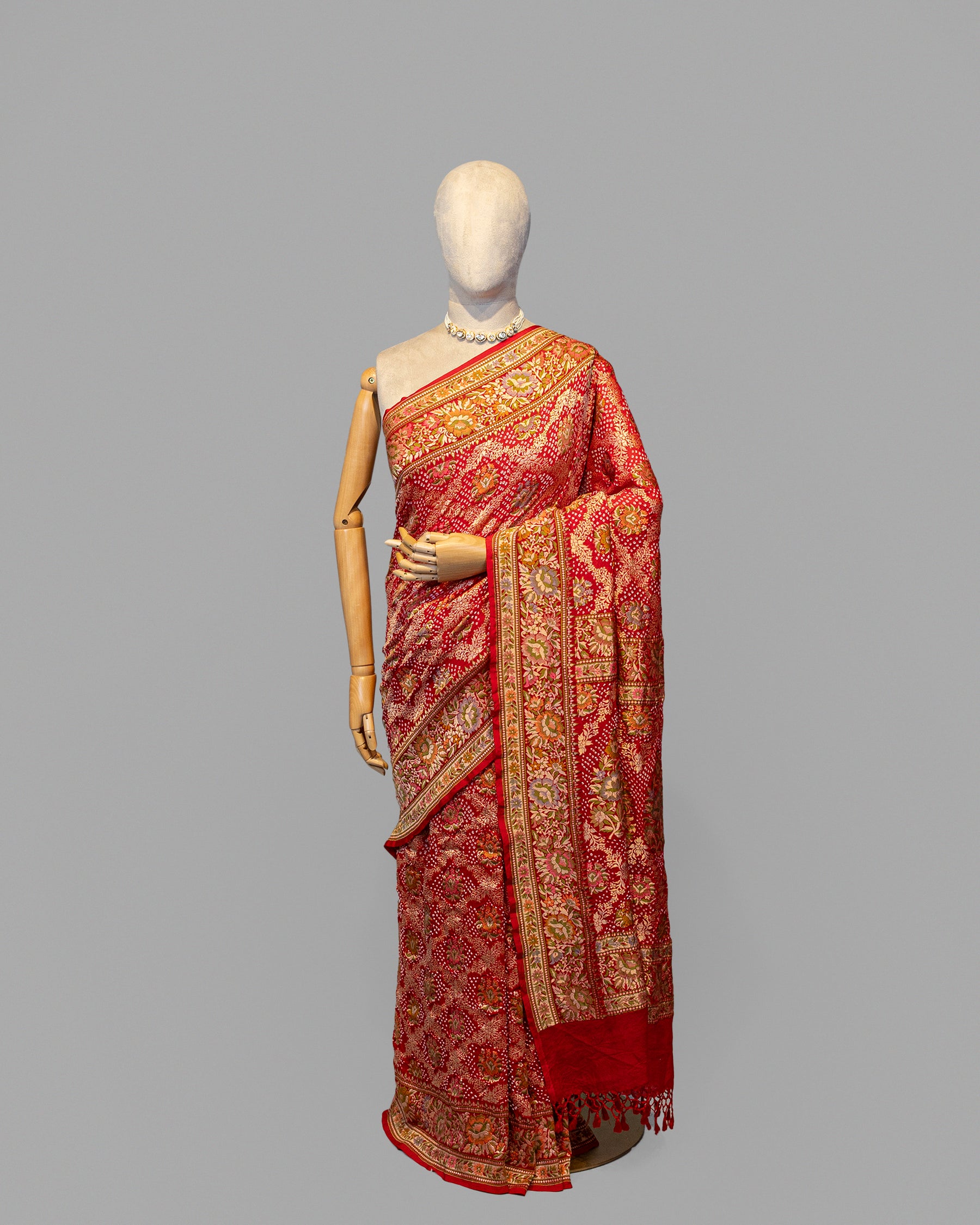 RED MEENAKARI BANDHEJ BANARASI HANDWOVEN GEORGETTE SAREE