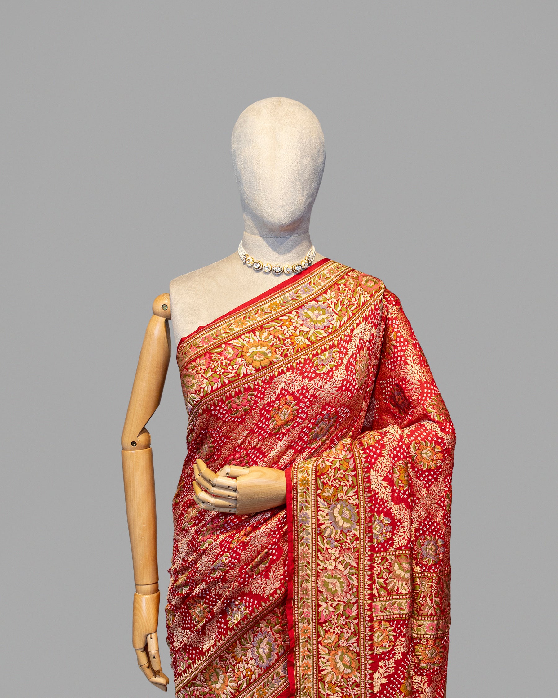 RED MEENAKARI BANDHEJ BANARASI HANDWOVEN GEORGETTE SAREE