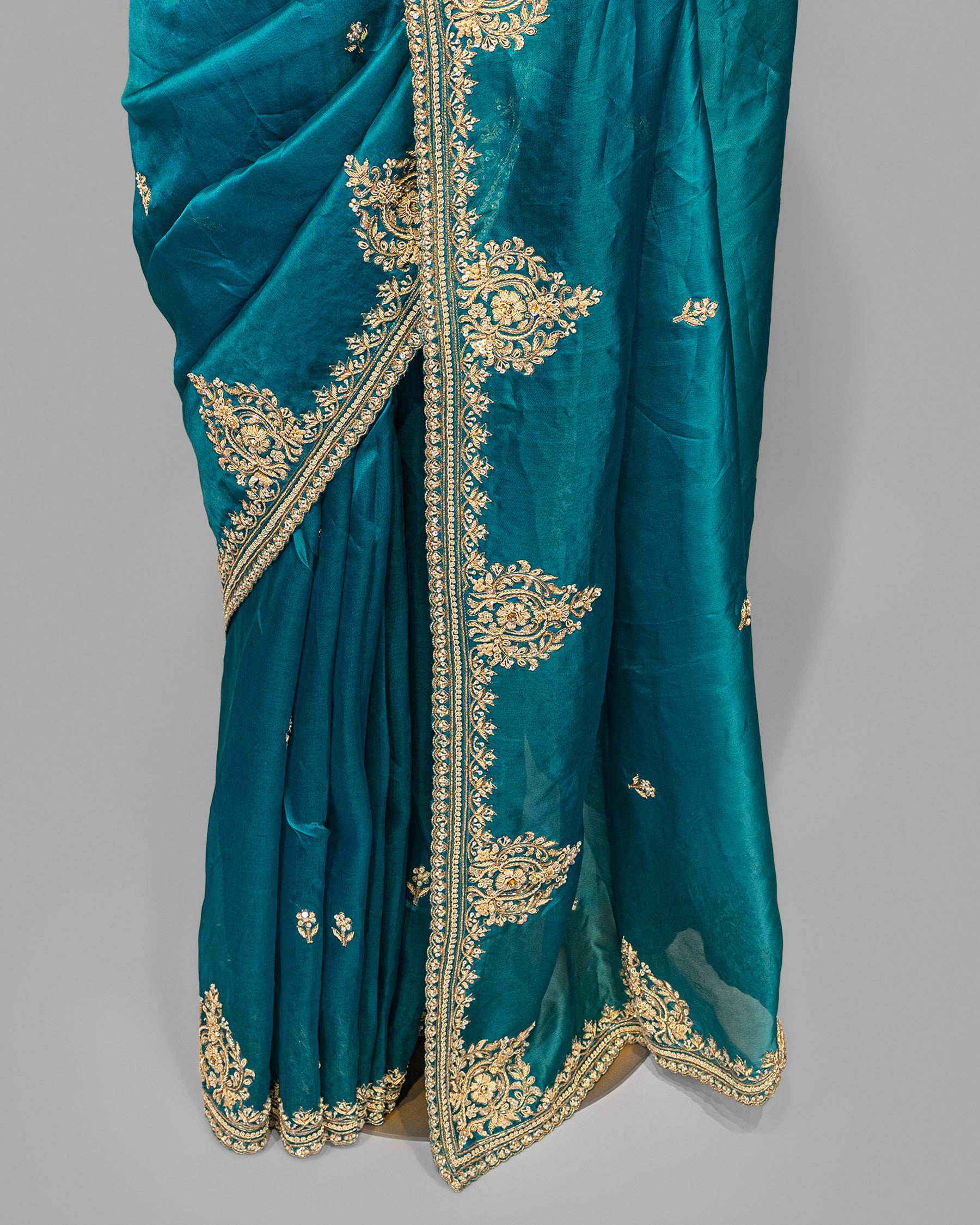 DESIGNER TEAL BLUE ZARDOZI ORAGANZA SAREE