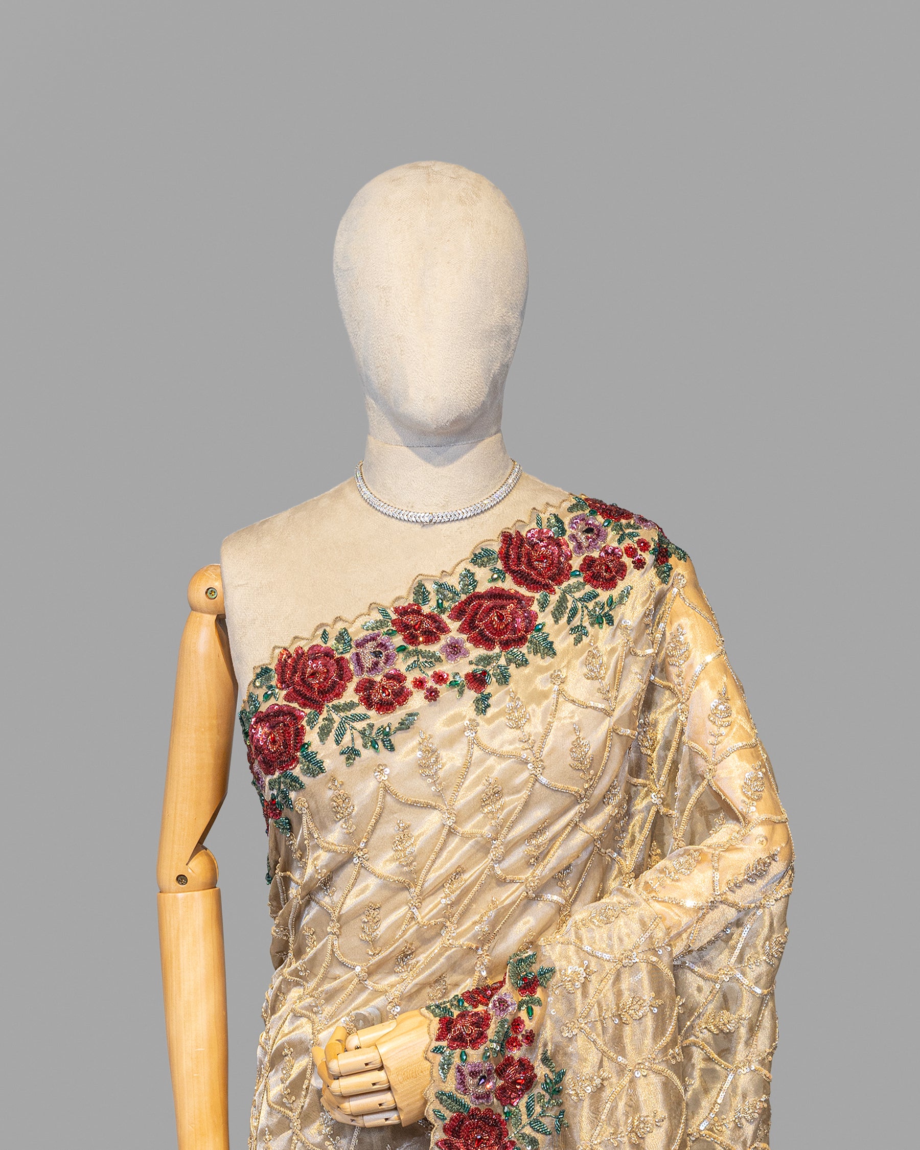 DESIGNER GOLDEN SEQUINS SCALLOP BORDER TISSUE SAREE