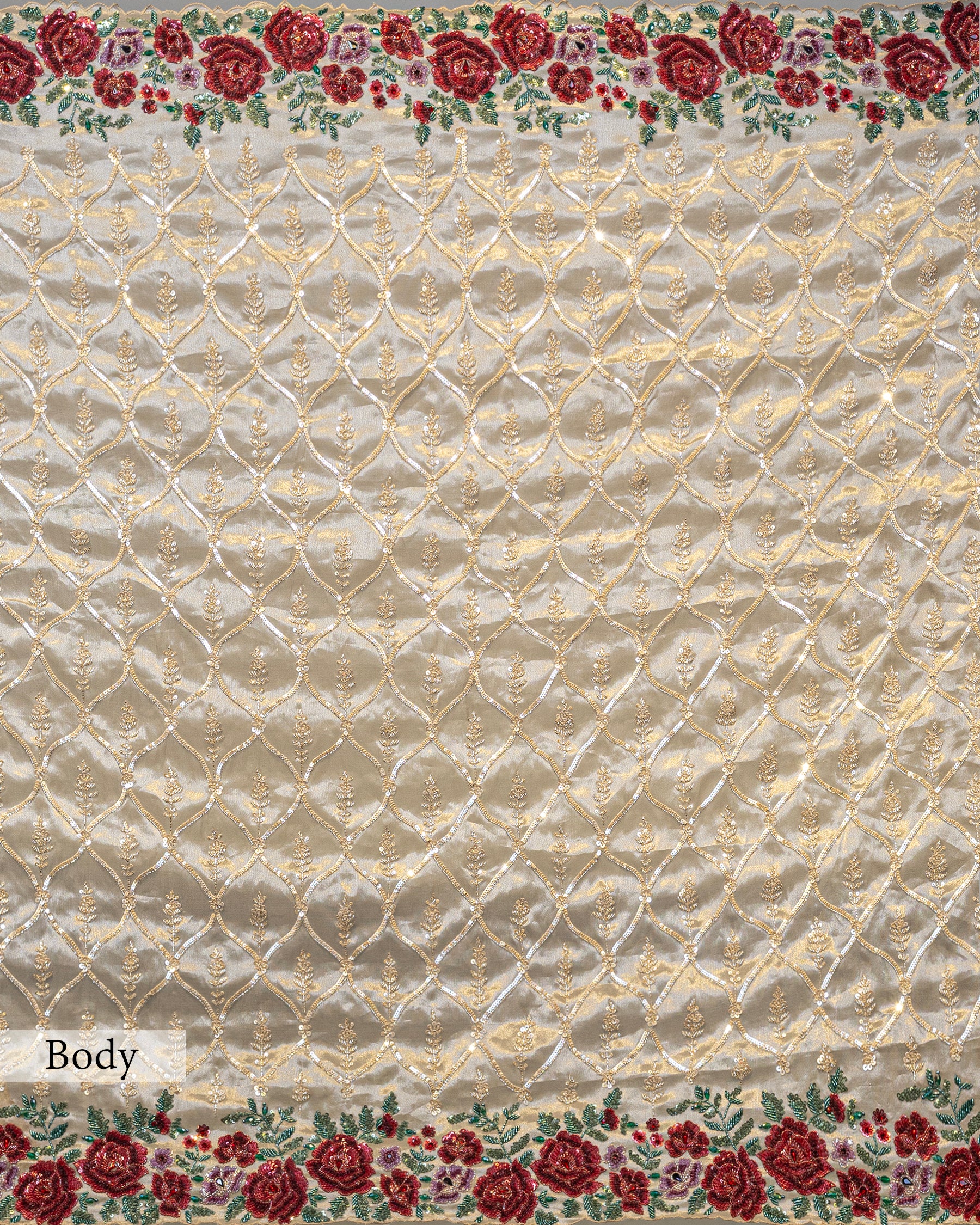 DESIGNER GOLDEN SEQUINS SCALLOP BORDER TISSUE SAREE