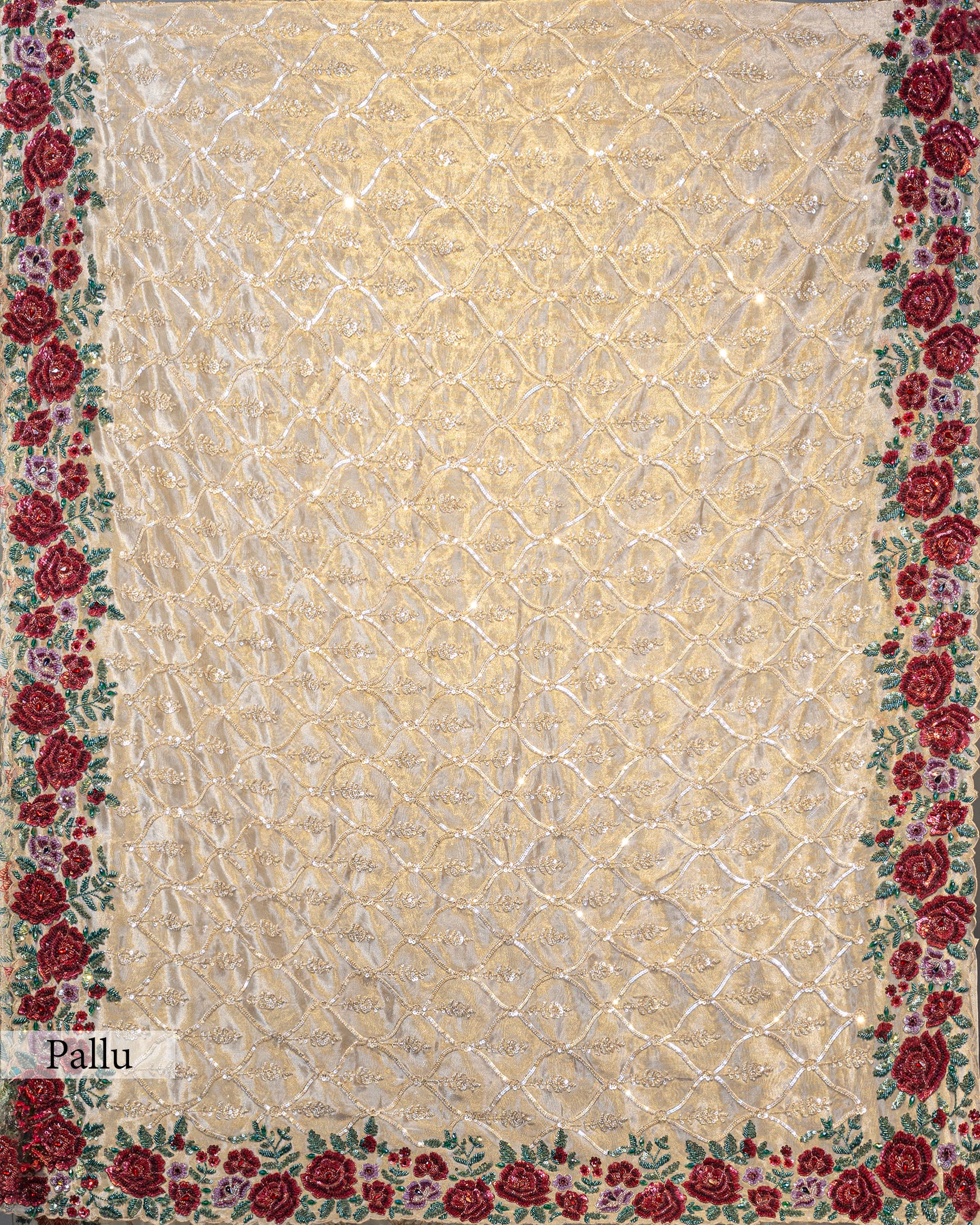 DESIGNER GOLDEN SEQUINS SCALLOP BORDER TISSUE SAREE