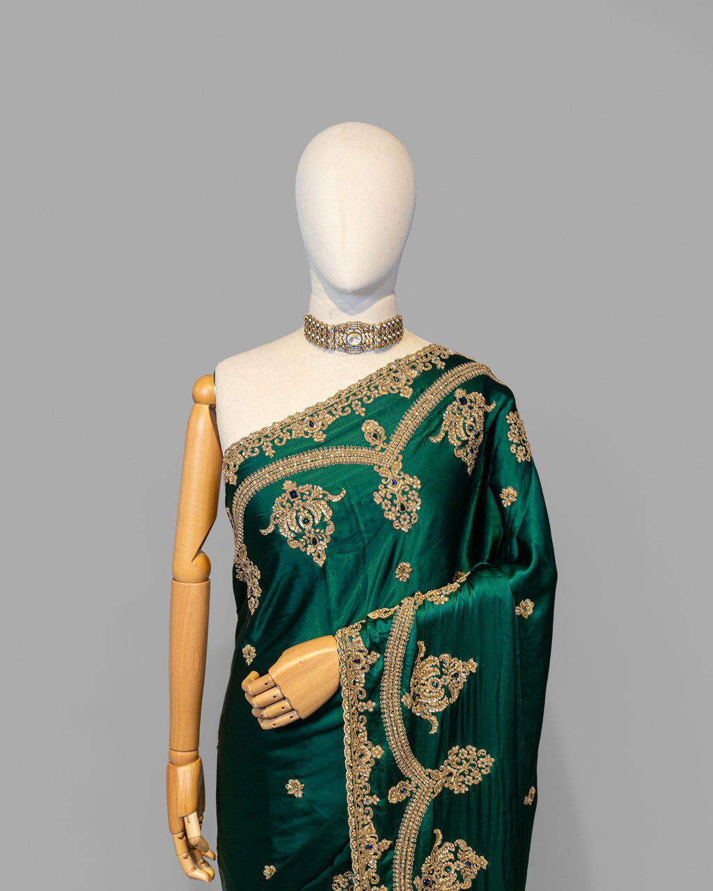 DESIGNER EMERALD GREEN SHAMOZ SILK SAREE