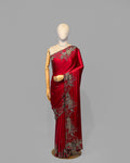 SCARLET RED ANTIQUE APPLIQUE WORK SILK SAREE