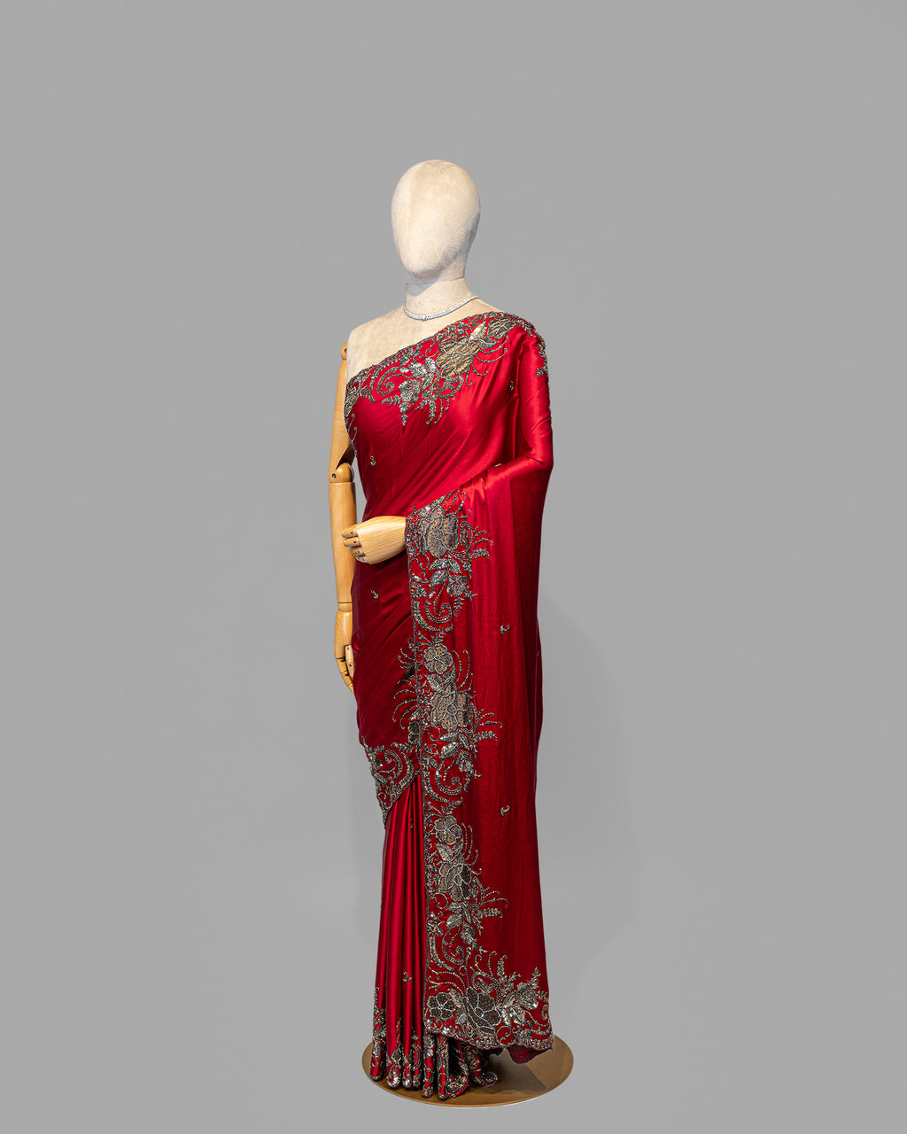 SCARLET RED ANTIQUE APPLIQUE WORK SILK SAREE