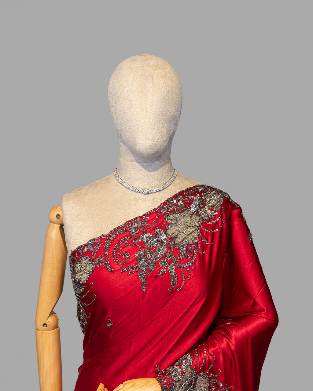 SCARLET RED ANTIQUE APPLIQUE WORK SILK SAREE