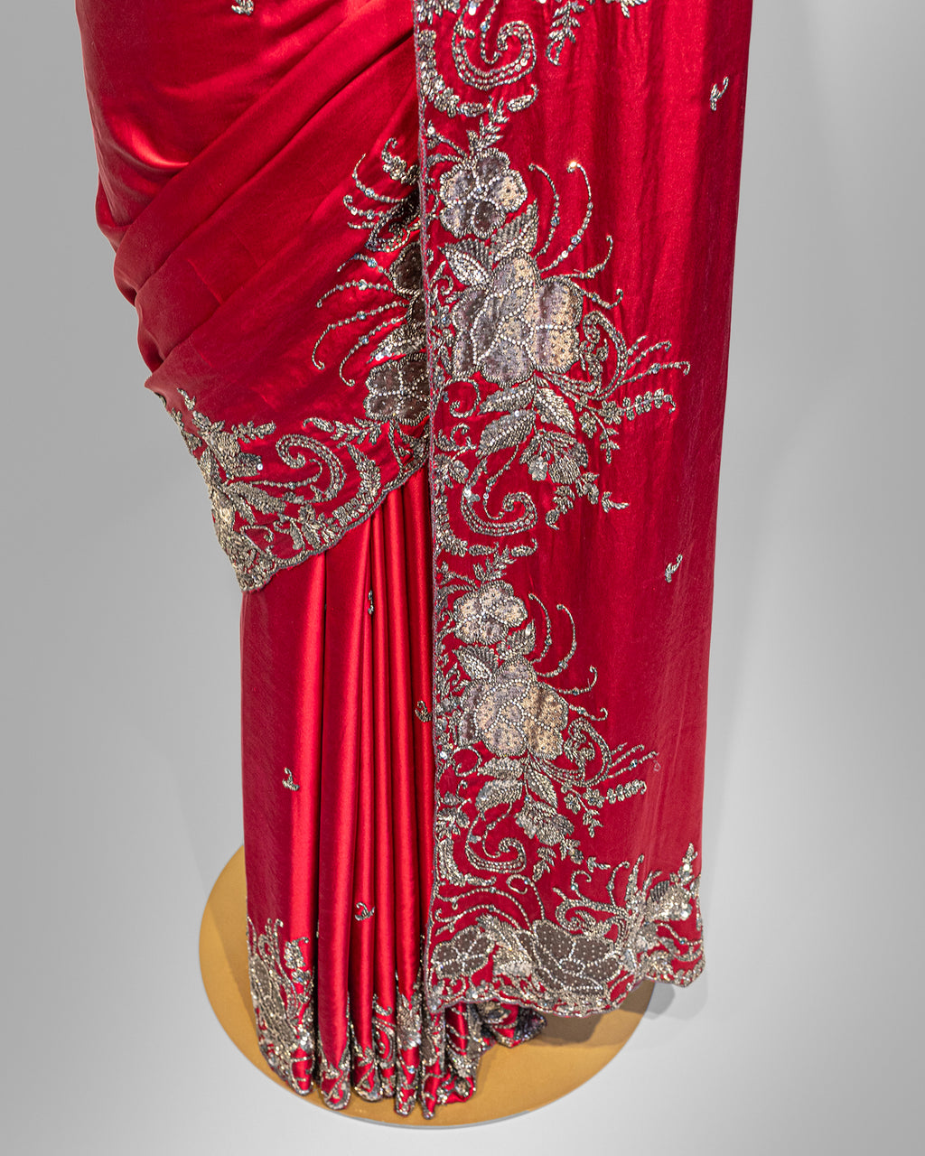 SCARLET RED ANTIQUE APPLIQUE WORK SILK SAREE