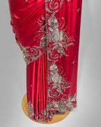 SCARLET RED ANTIQUE APPLIQUE WORK SILK SAREE