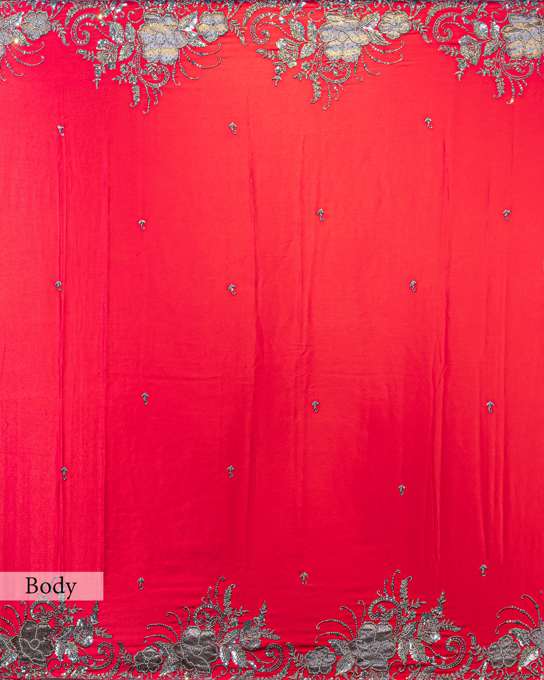 SCARLET RED ANTIQUE APPLIQUE WORK SILK SAREE