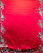 SCARLET RED ANTIQUE APPLIQUE WORK SILK SAREE