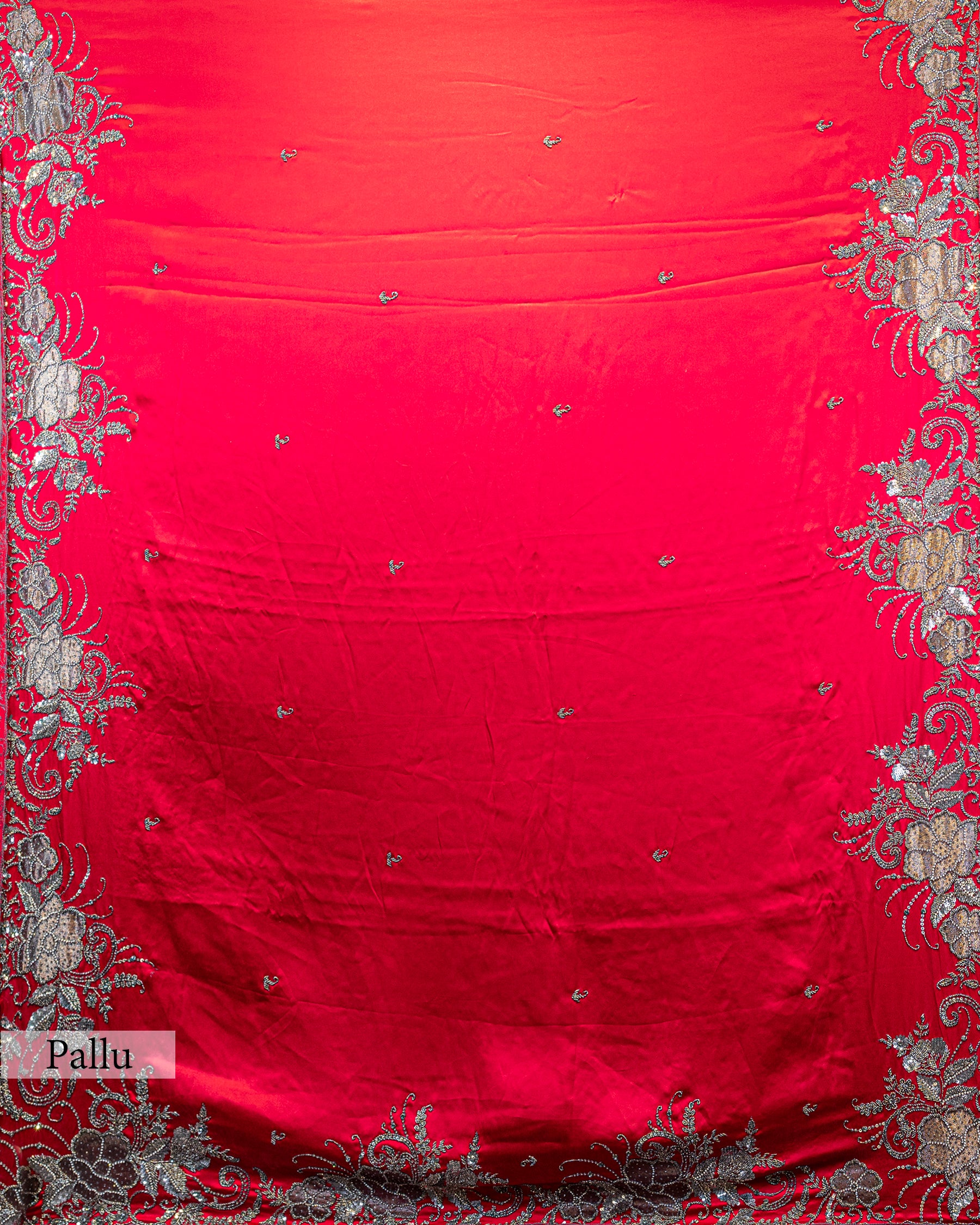 SCARLET RED ANTIQUE APPLIQUE WORK SILK SAREE