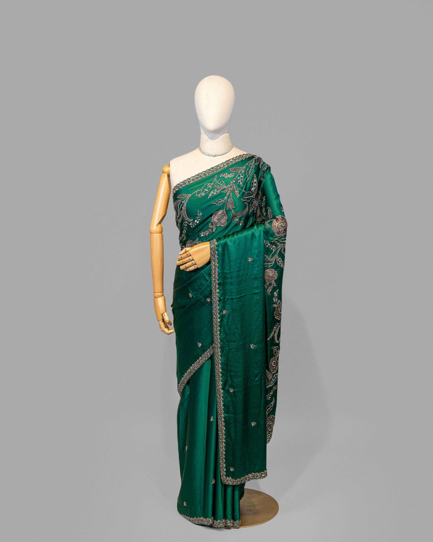 DESIGNER EMERALD GREEN ANTIQUE HANDWORK SILK SAREE