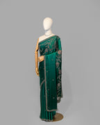 DESIGNER EMERALD GREEN ANTIQUE HANDWORK SILK SAREE