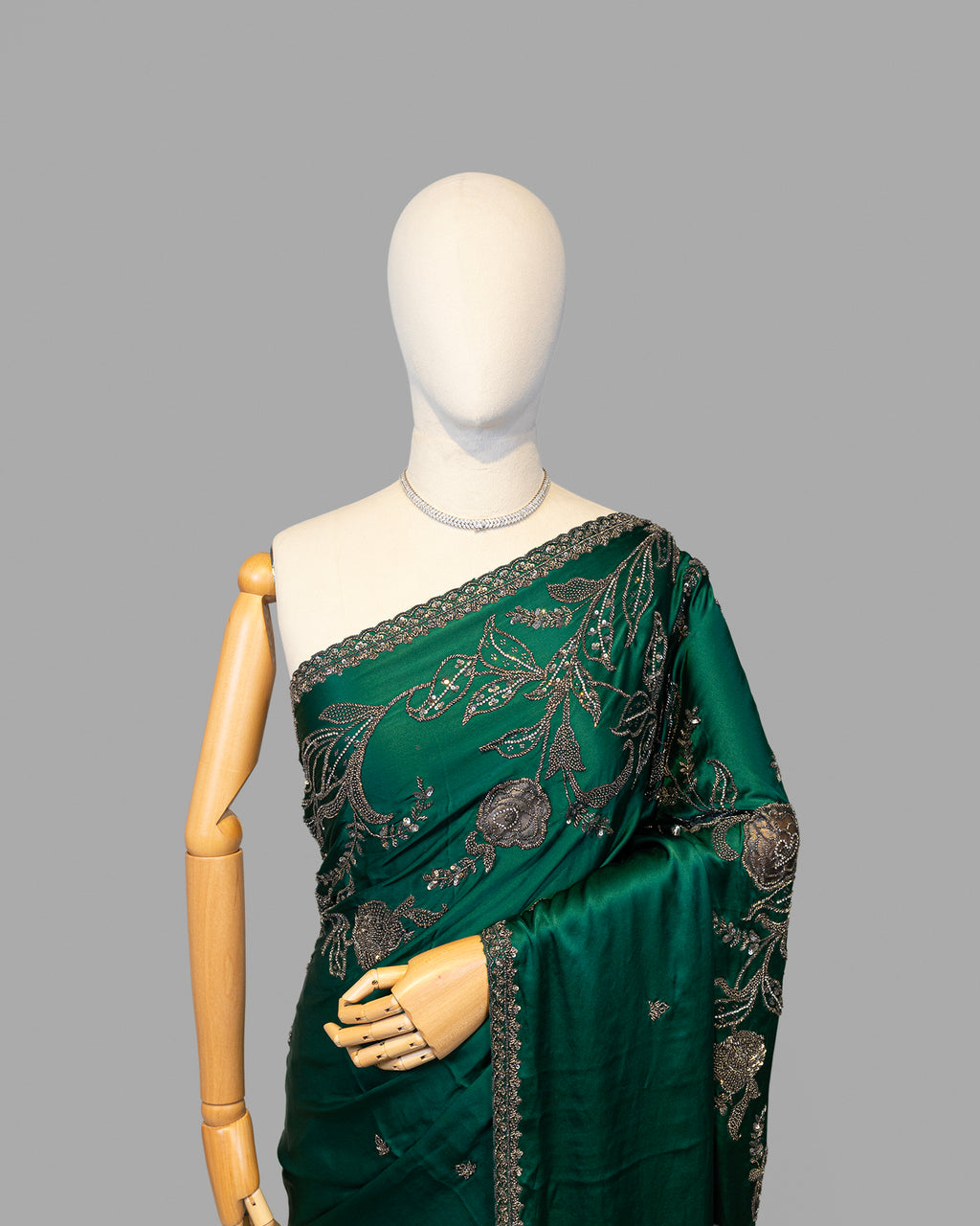 DESIGNER EMERALD GREEN ANTIQUE HANDWORK SILK SAREE