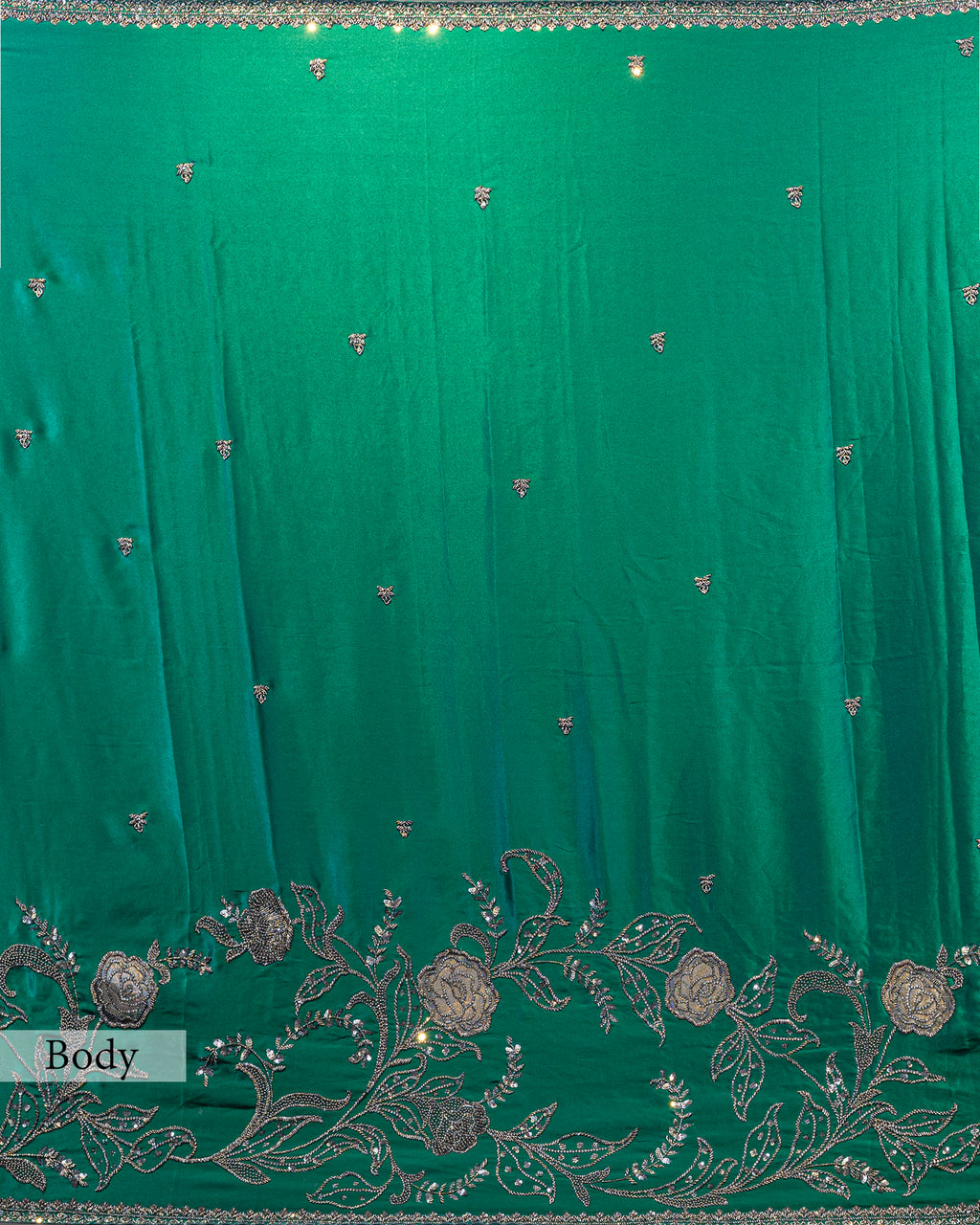 DESIGNER EMERALD GREEN ANTIQUE HANDWORK SILK SAREE