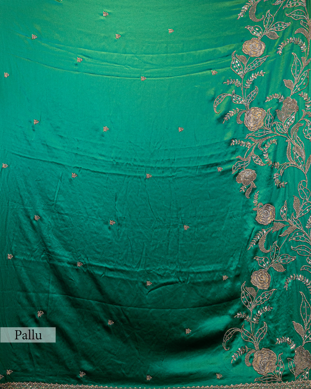 DESIGNER EMERALD GREEN ANTIQUE HANDWORK SILK SAREE