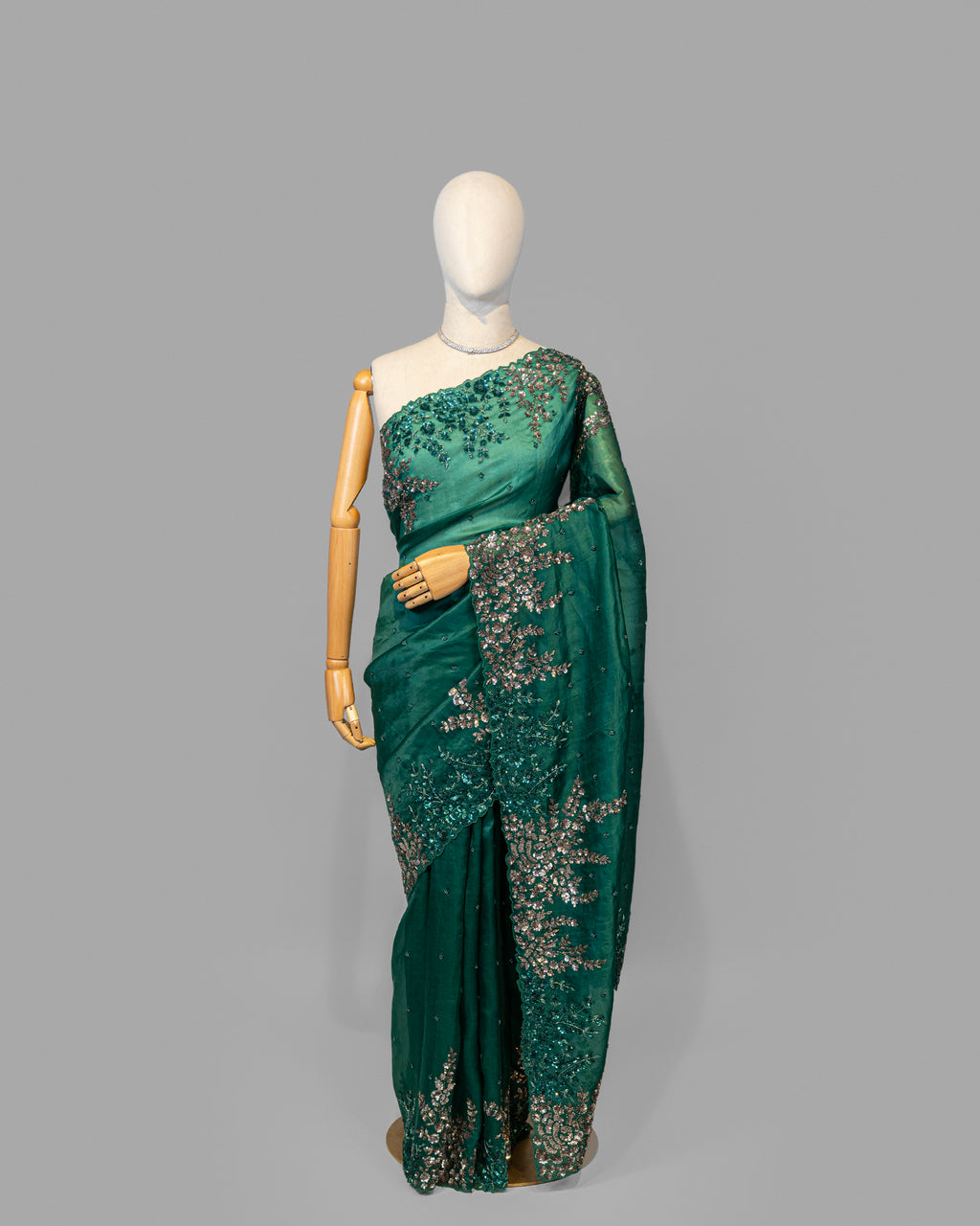 DESIGNER BOTTLE GREEN ANTIQUE WORK ORAGANZA SAREE