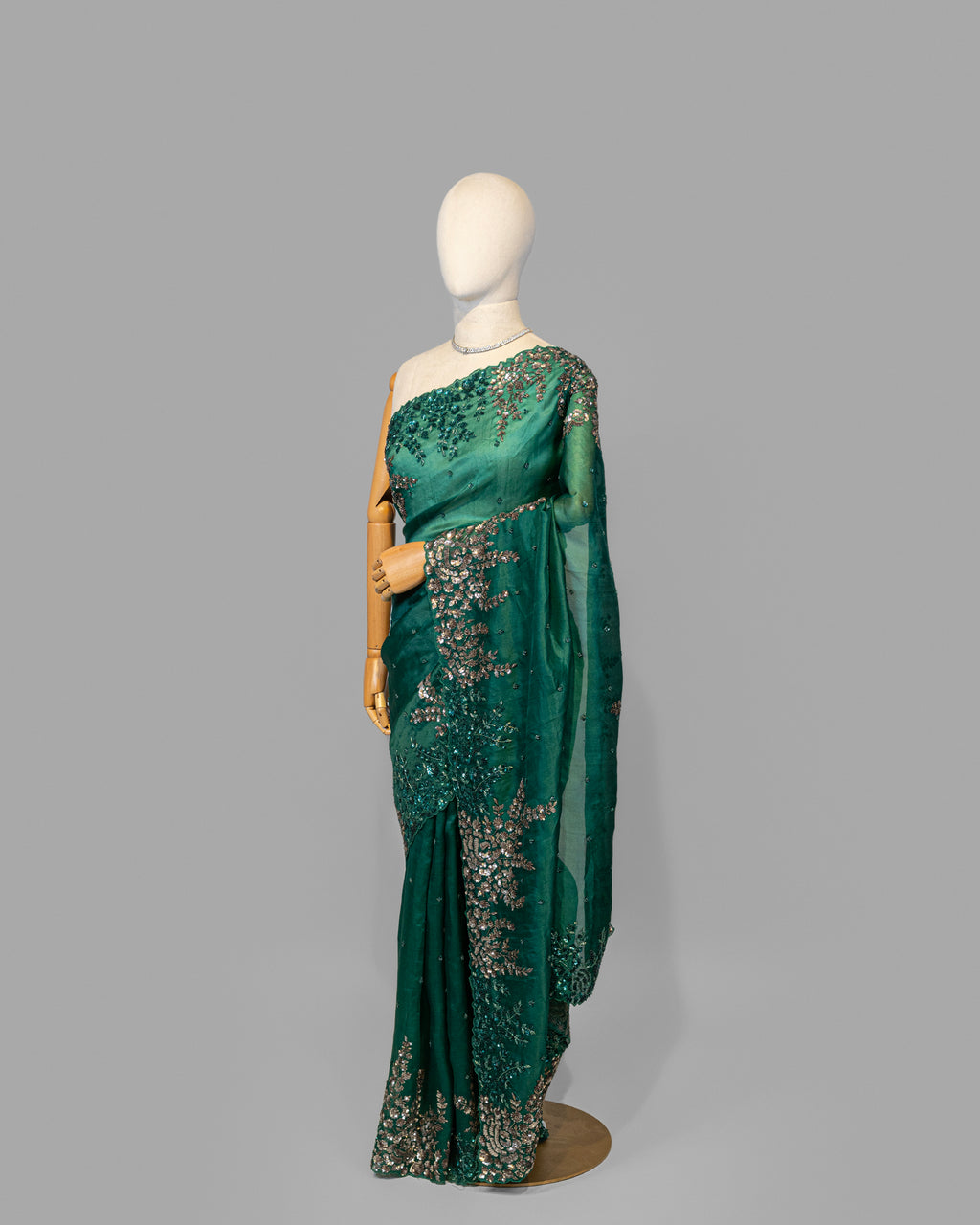 DESIGNER BOTTLE GREEN ANTIQUE WORK ORAGANZA SAREE