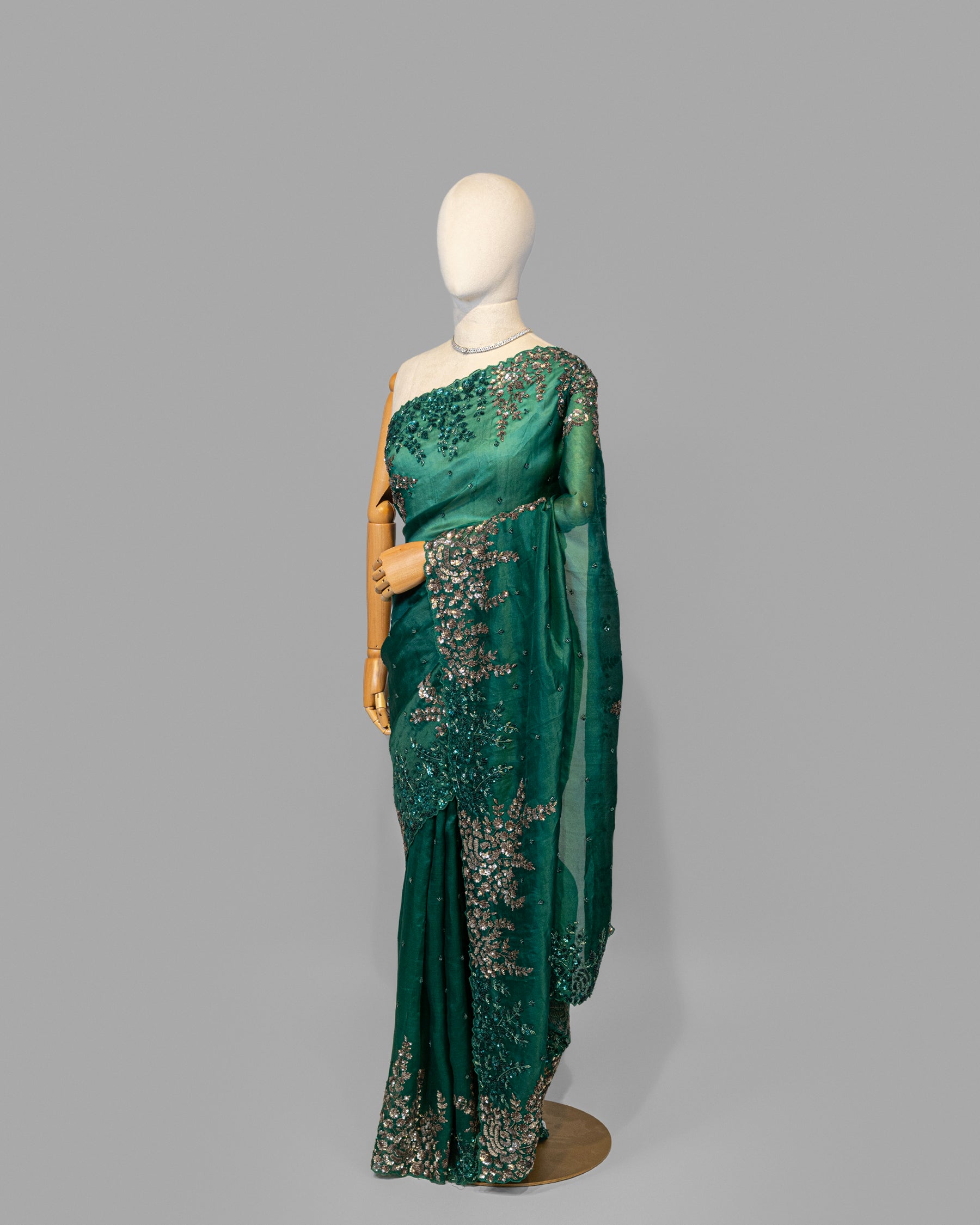 DESIGNER BOTTLE GREEN ANTIQUE WORK ORAGANZA SAREE
