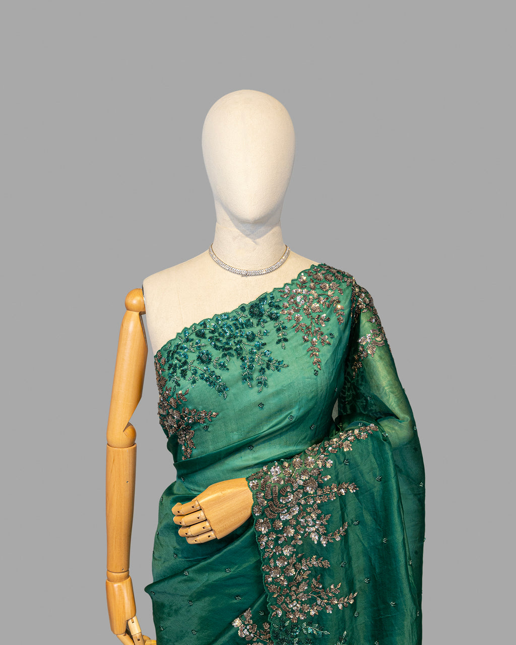 DESIGNER BOTTLE GREEN ANTIQUE WORK ORAGANZA SAREE