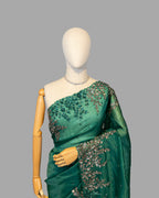 DESIGNER BOTTLE GREEN ANTIQUE WORK ORAGANZA SAREE