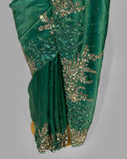 DESIGNER BOTTLE GREEN ANTIQUE WORK ORAGANZA SAREE