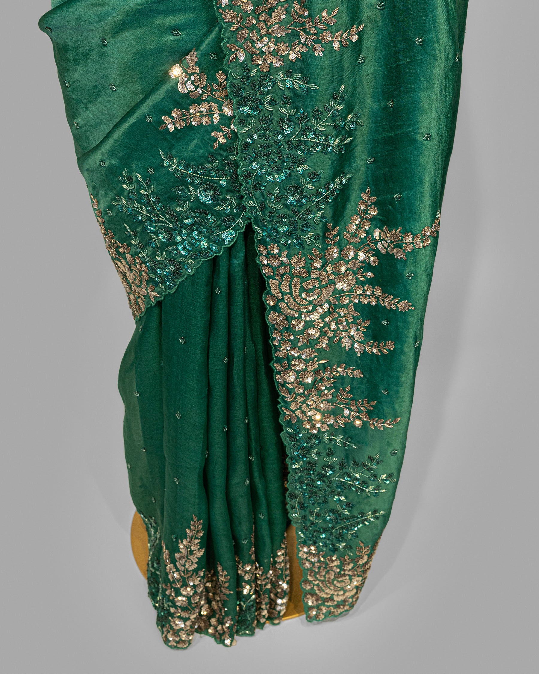 DESIGNER BOTTLE GREEN ANTIQUE WORK ORAGANZA SAREE