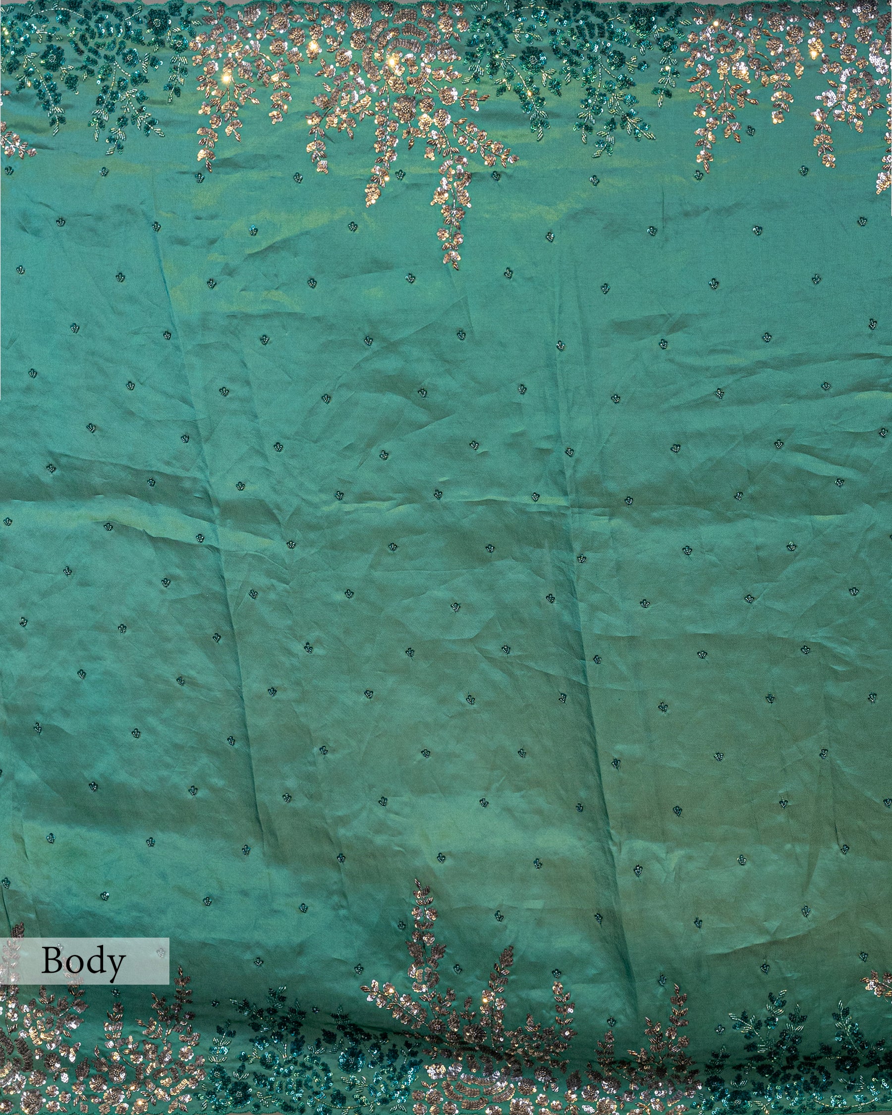 DESIGNER BOTTLE GREEN ANTIQUE WORK ORAGANZA SAREE