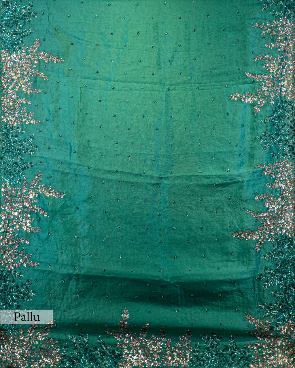 DESIGNER BOTTLE GREEN ANTIQUE WORK ORAGANZA SAREE