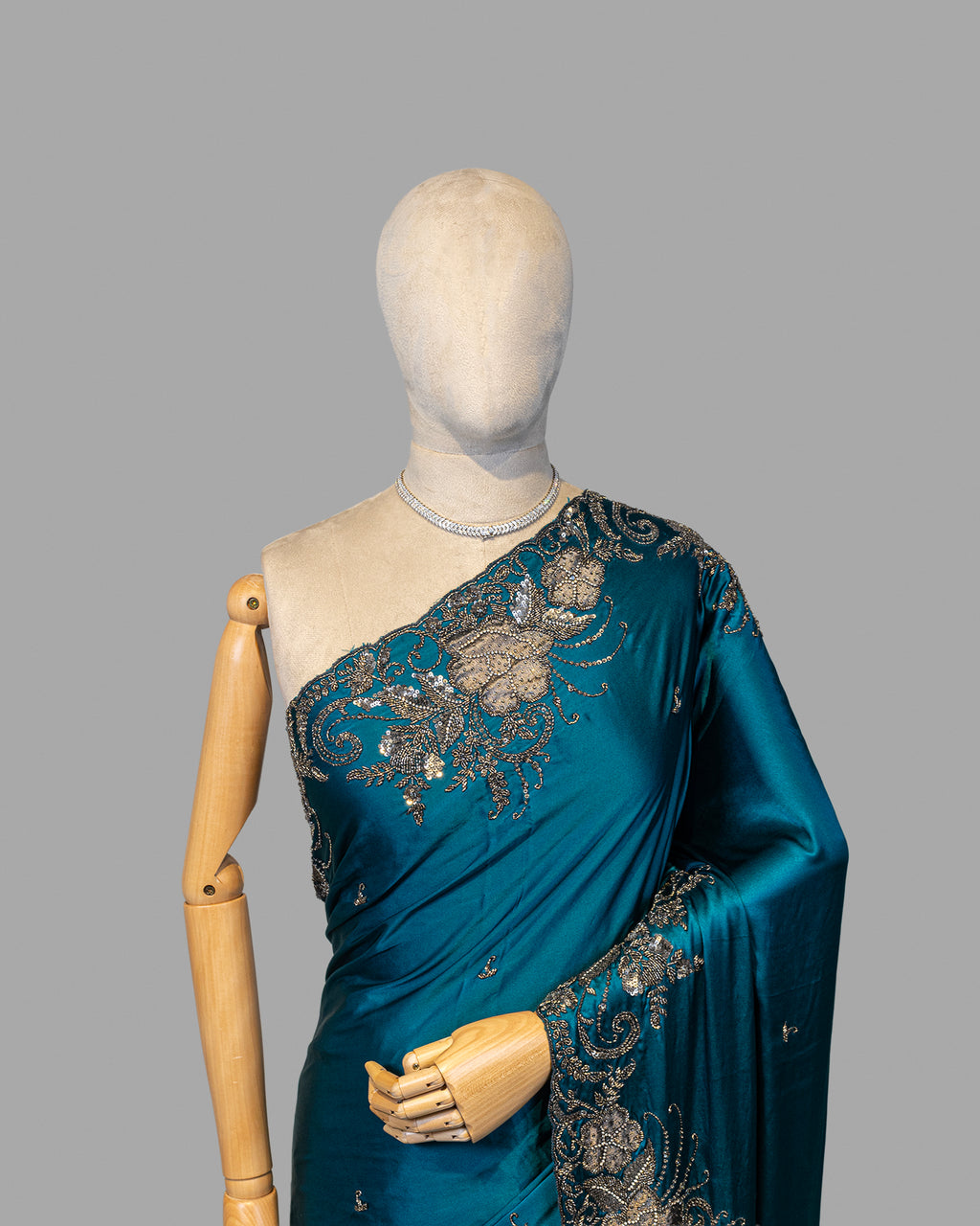 TEAL BLUE OXIDISED HANDWORK DESIGNER SILK SAREE