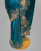 TEAL BLUE OXIDISED HANDWORK DESIGNER SILK SAREE
